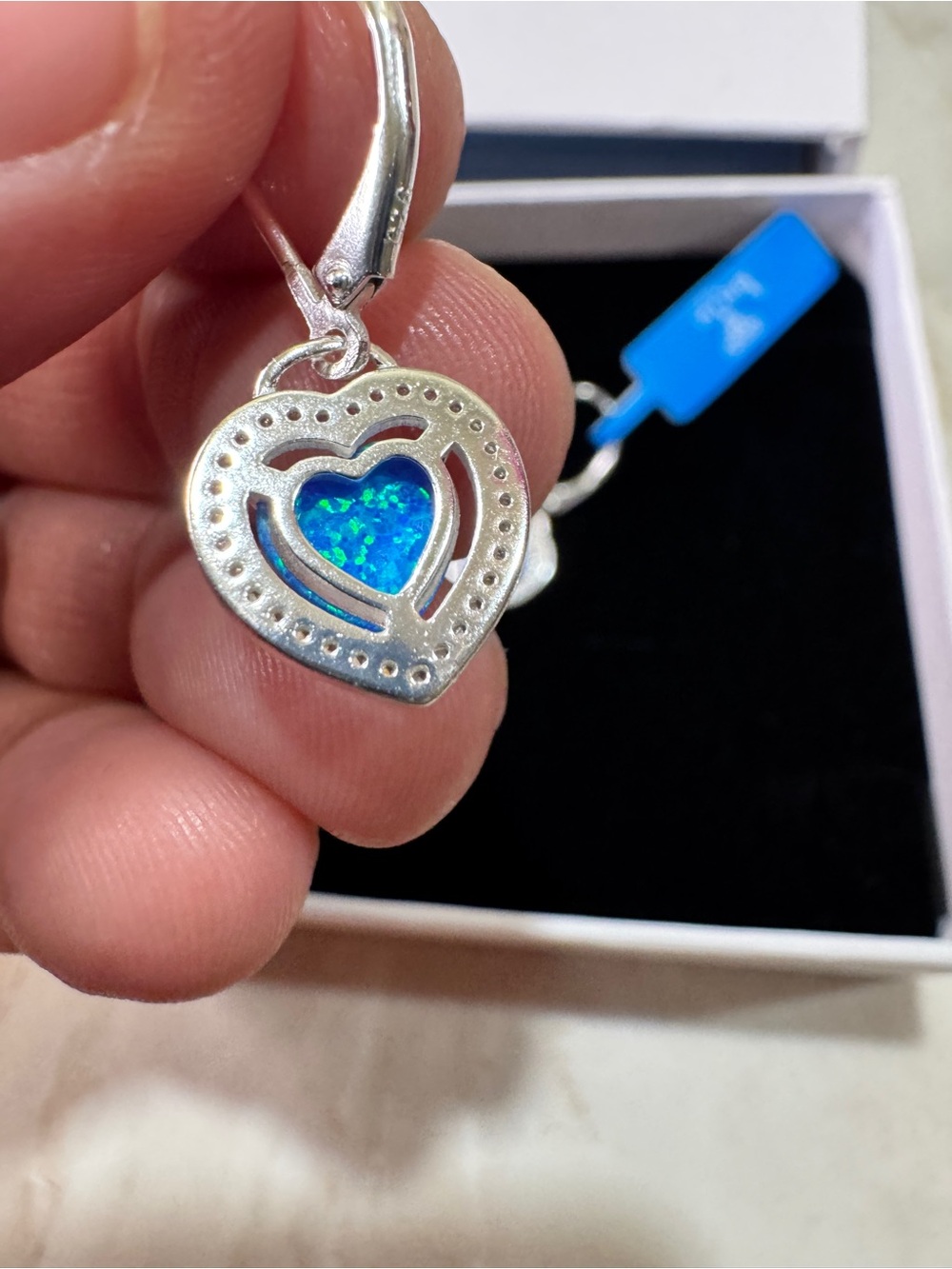 Blue Opal 925 Sterling Silver Heart Drop Earrings with Blue Opal Inlay - Picture 9 of 12